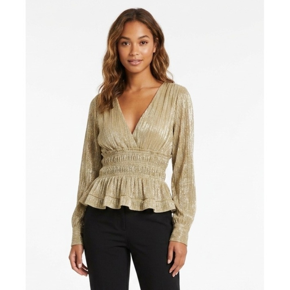 Anthropologie Blouse Top Womens XS Metallic Gold Shimmer Smocked Long Sleeve
